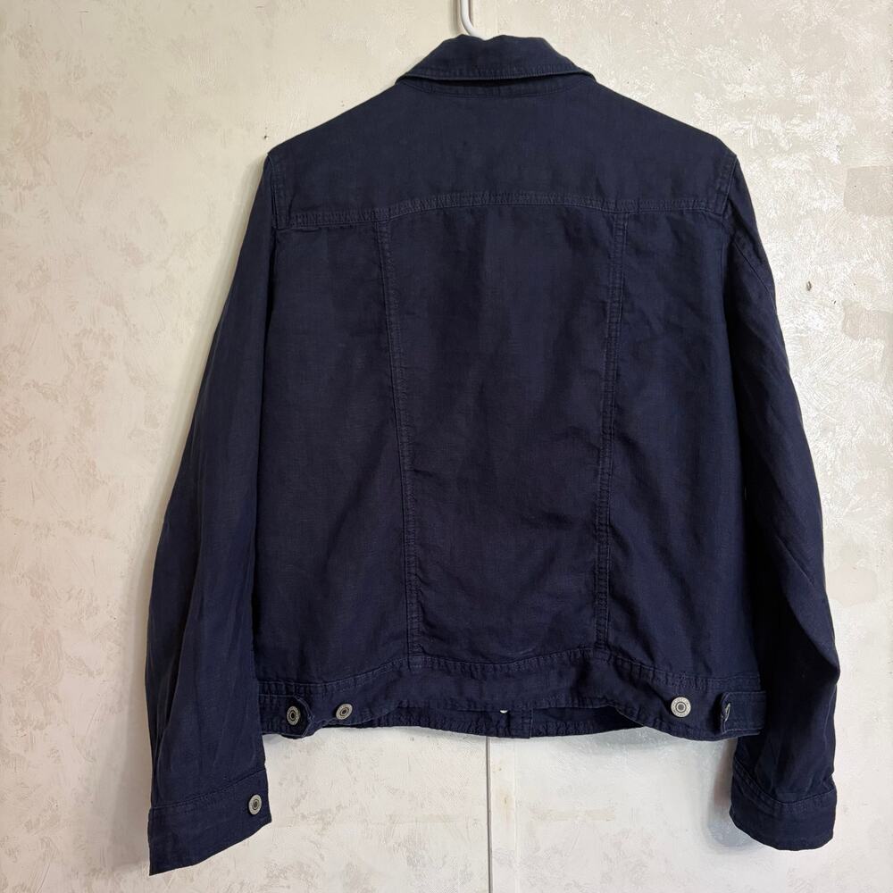 Jones & Co 100% Linen Navy Crop Trucker Jacket Nautical Coastal Minimalist L - Picture 2 of 8